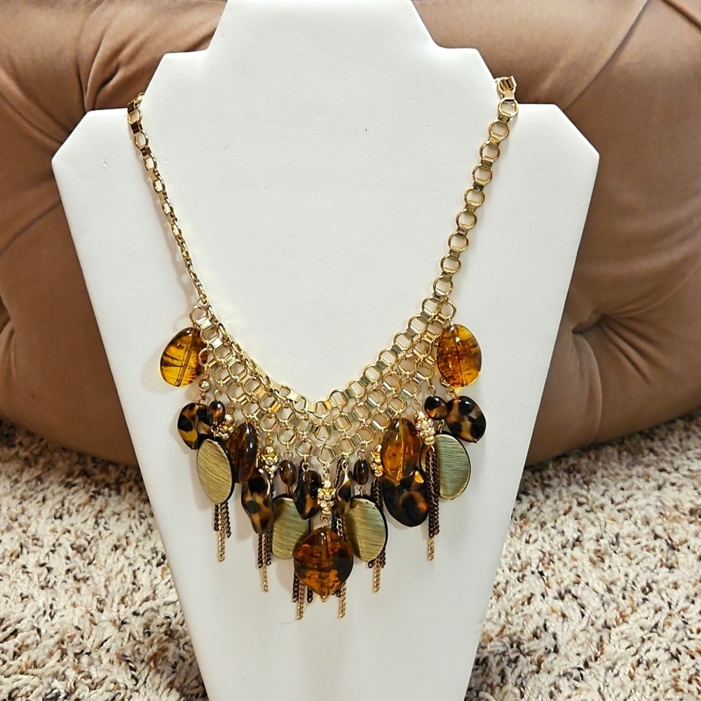 Leopard Print Gold Honeycomb Statement Necklace